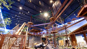 An indoor adventure park with rope bridges, climbing structures, and a large bear statue. - Great Wolf Lodge Arizona (Scottsdale)