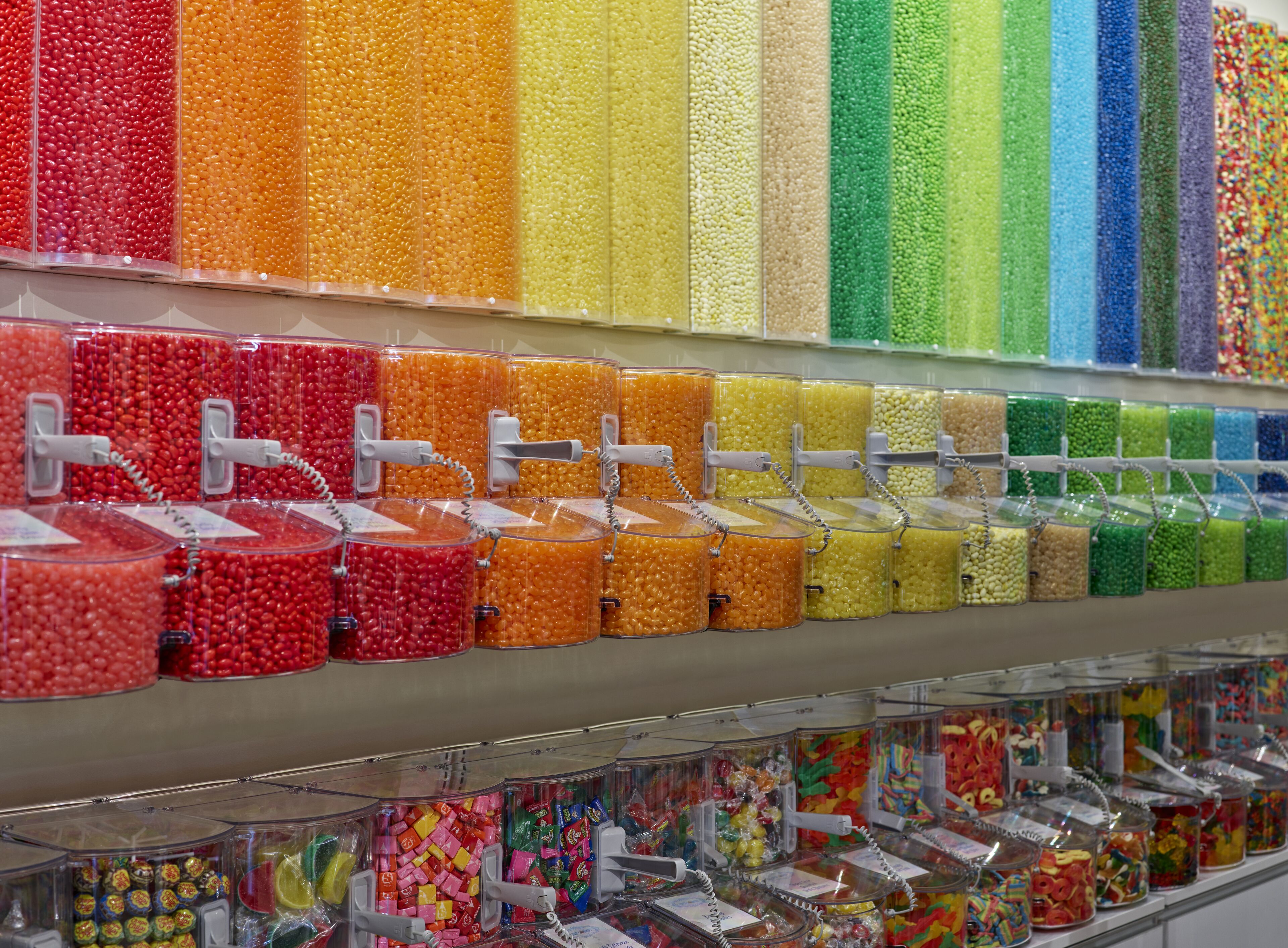 A candy display with various colors and types of candies.