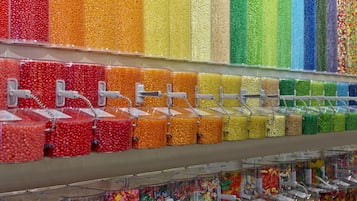 A candy display with various colors and types of candies.