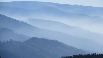 A landscape of layered hills with dense forests at the base.