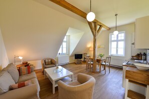 TV, fireplace, books, stereo