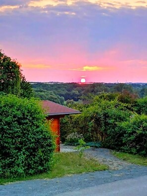 A rural landscape with a small building, dense greenery, and a sunset.