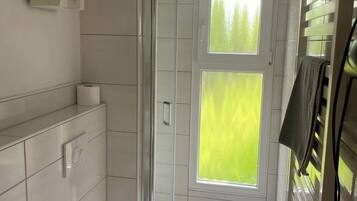 A modern bathroom with a shower, toilet, and sink.