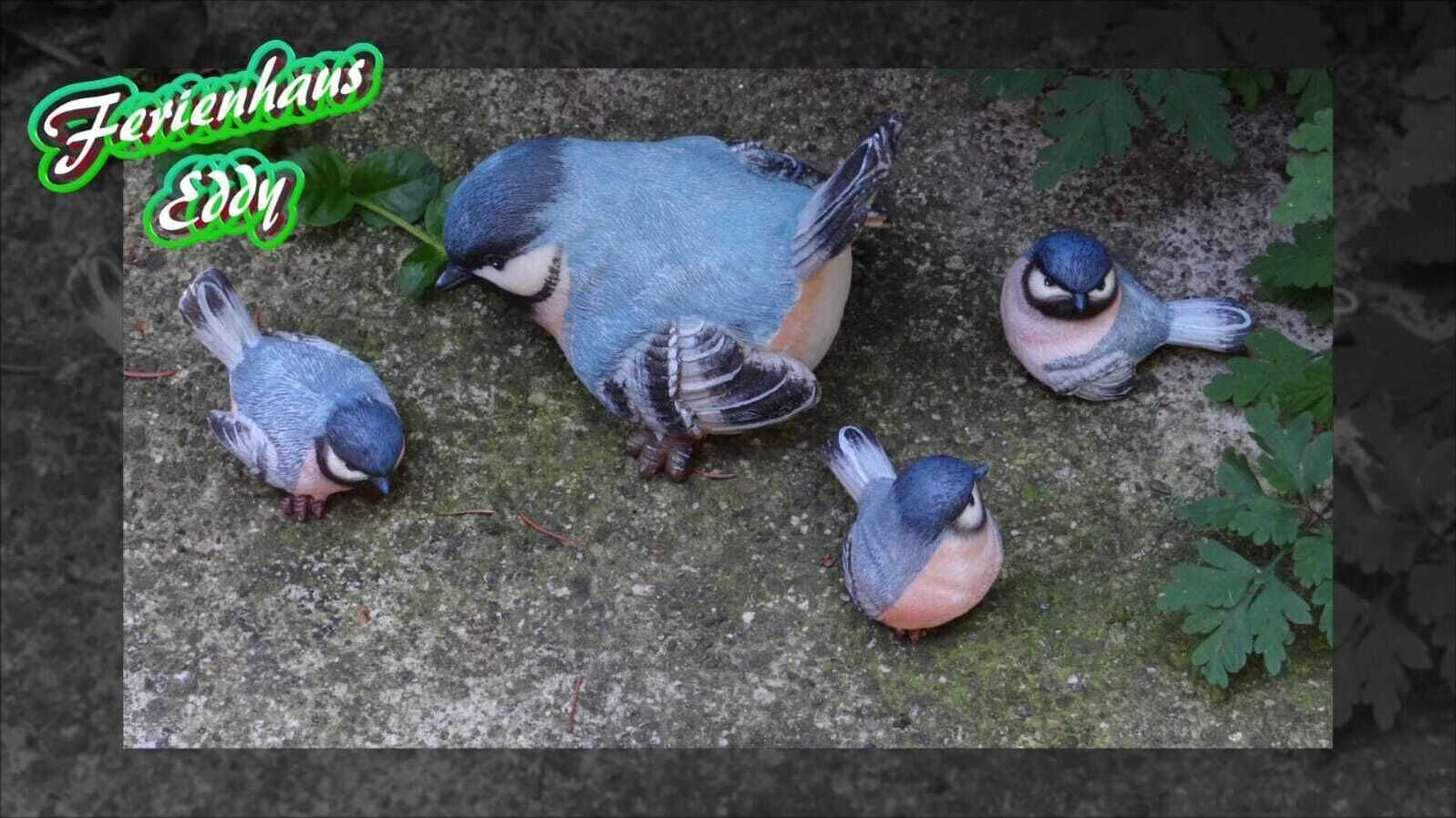 A group of birds on a stone surface.