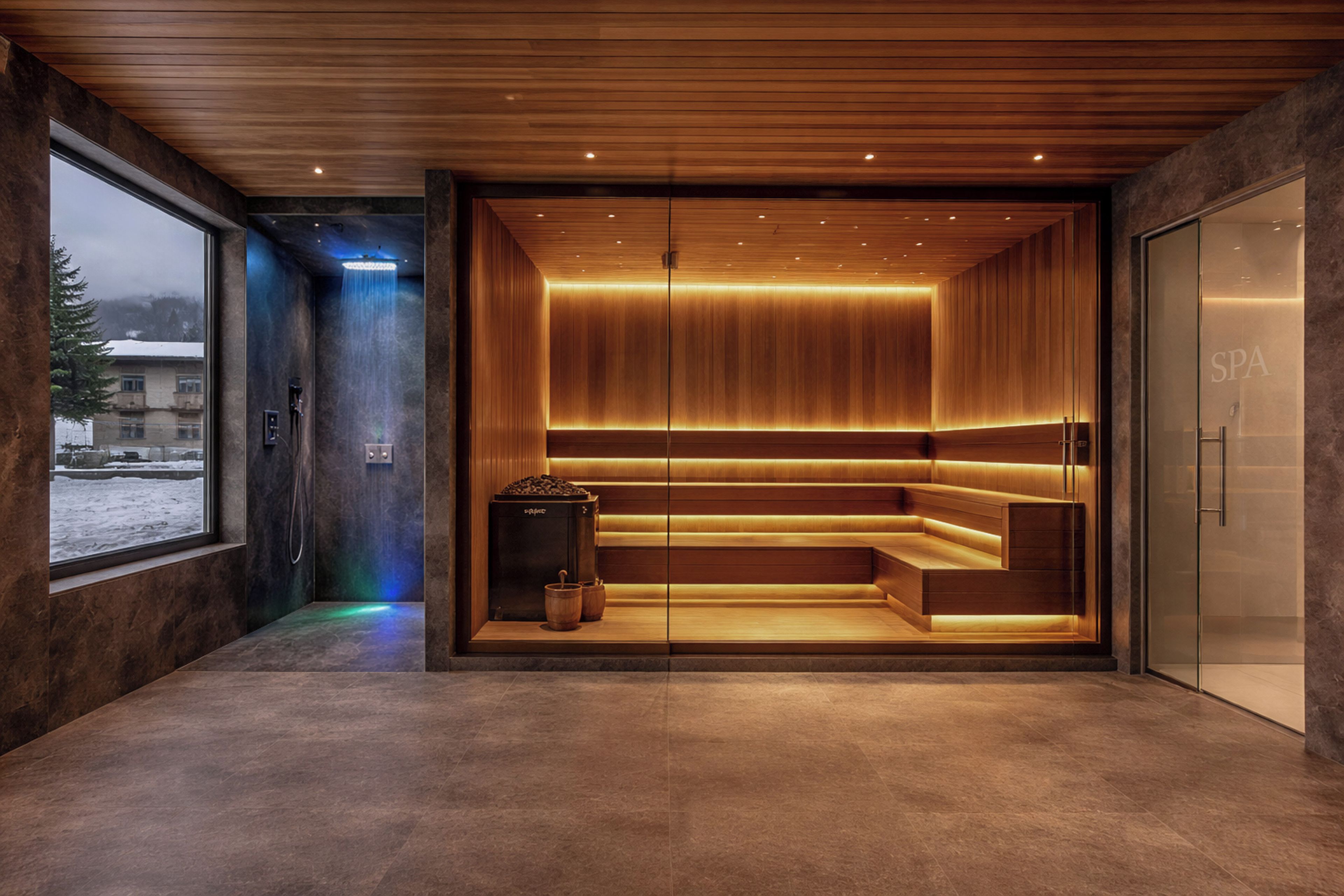 Ein moderner Spa-Bereich mit Holzbalkendecke, einer Sauna und einer Glastür mit der Aufschrift 'SPA'.