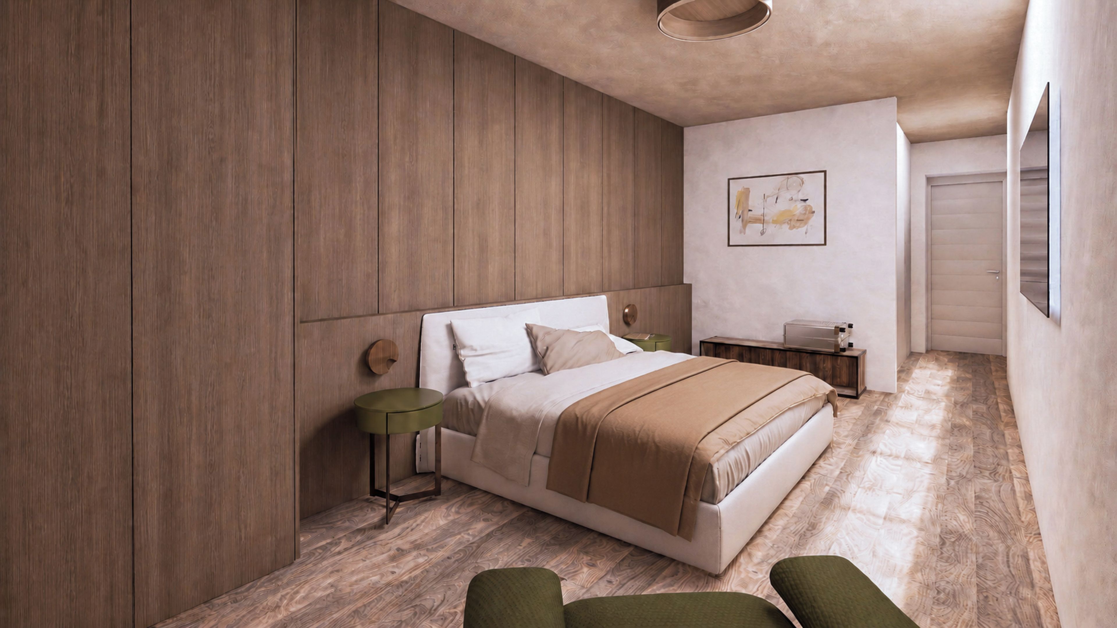 A modern bedroom with a large bed, a bedside table, a chair, and a wall-mounted artwork.