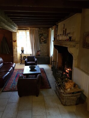 TV, caminetto, lettore DVD, libri