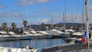 En småbåtshamn med flera yachter förtöjda, en klar himmel och en avlägsen vy över en stad med palmer.