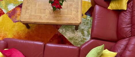 Un canapé en cuir rouge agrémenté de plusieurs coussins, une table basse en bois avec une plante et un tapis aux couleurs vives.