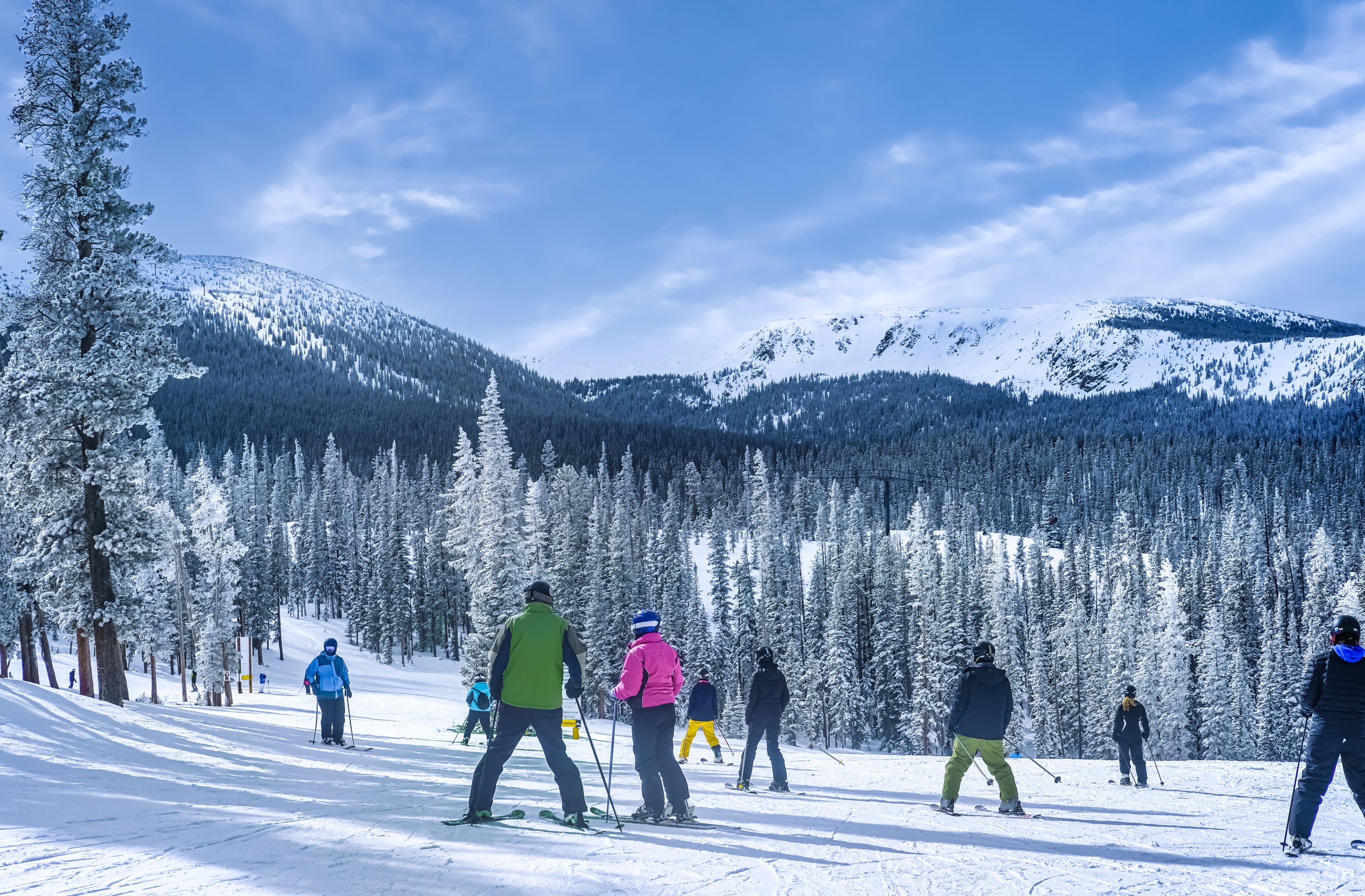 Een piste met skiërs en een bebost berglandschap.