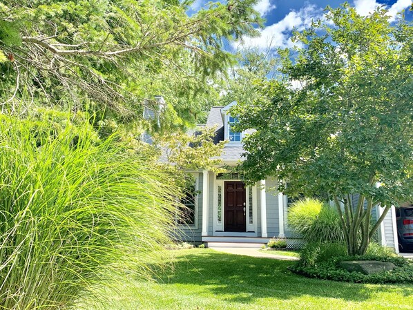 Uma casa com varanda da frente, cercada por vegetação exuberante e árvores.