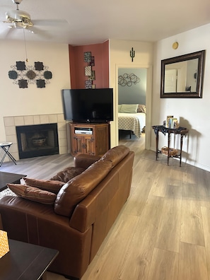 Smart TV, fireplace, DVD player, books
