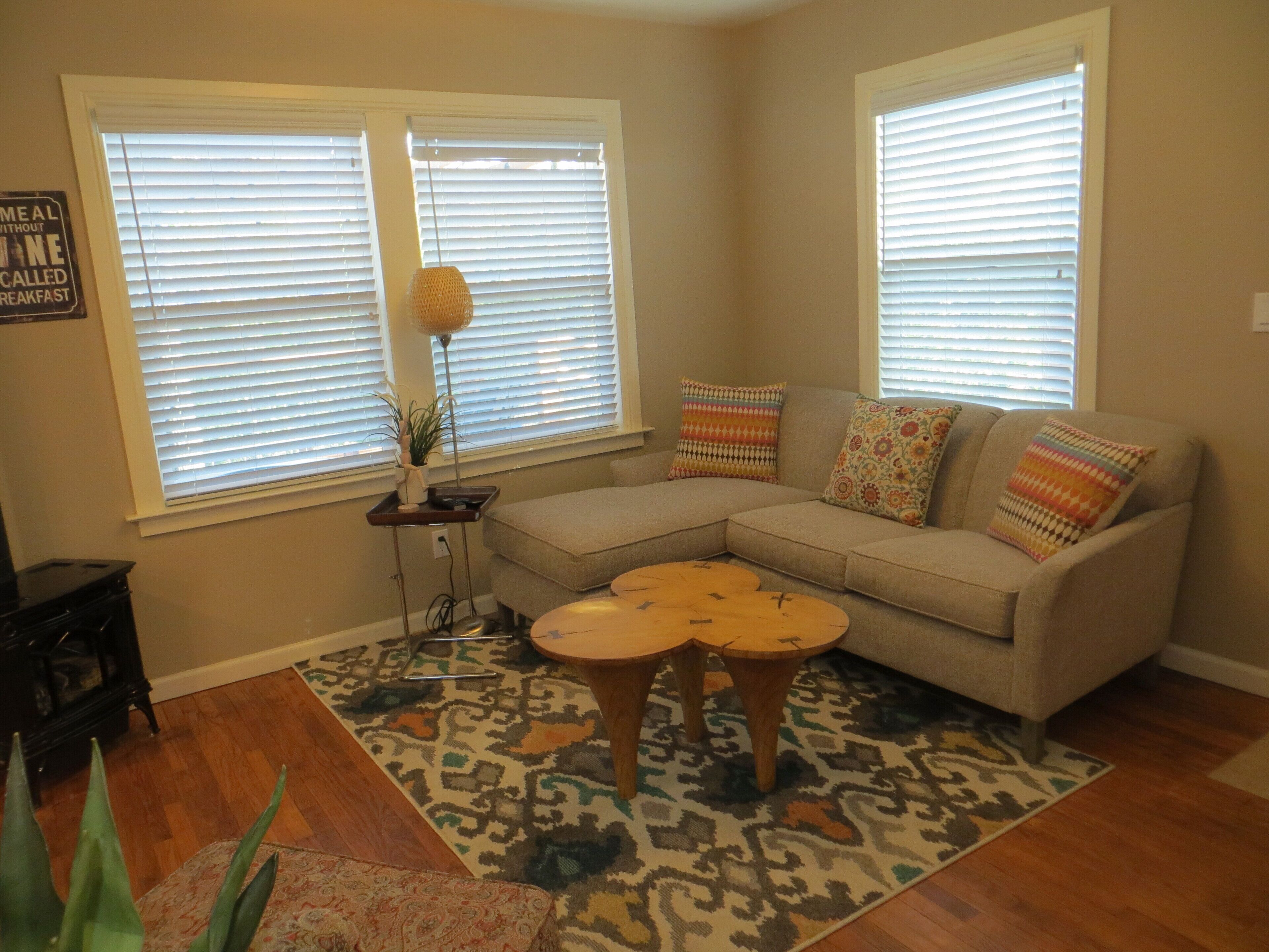 Smart TV, fireplace, books, stereo