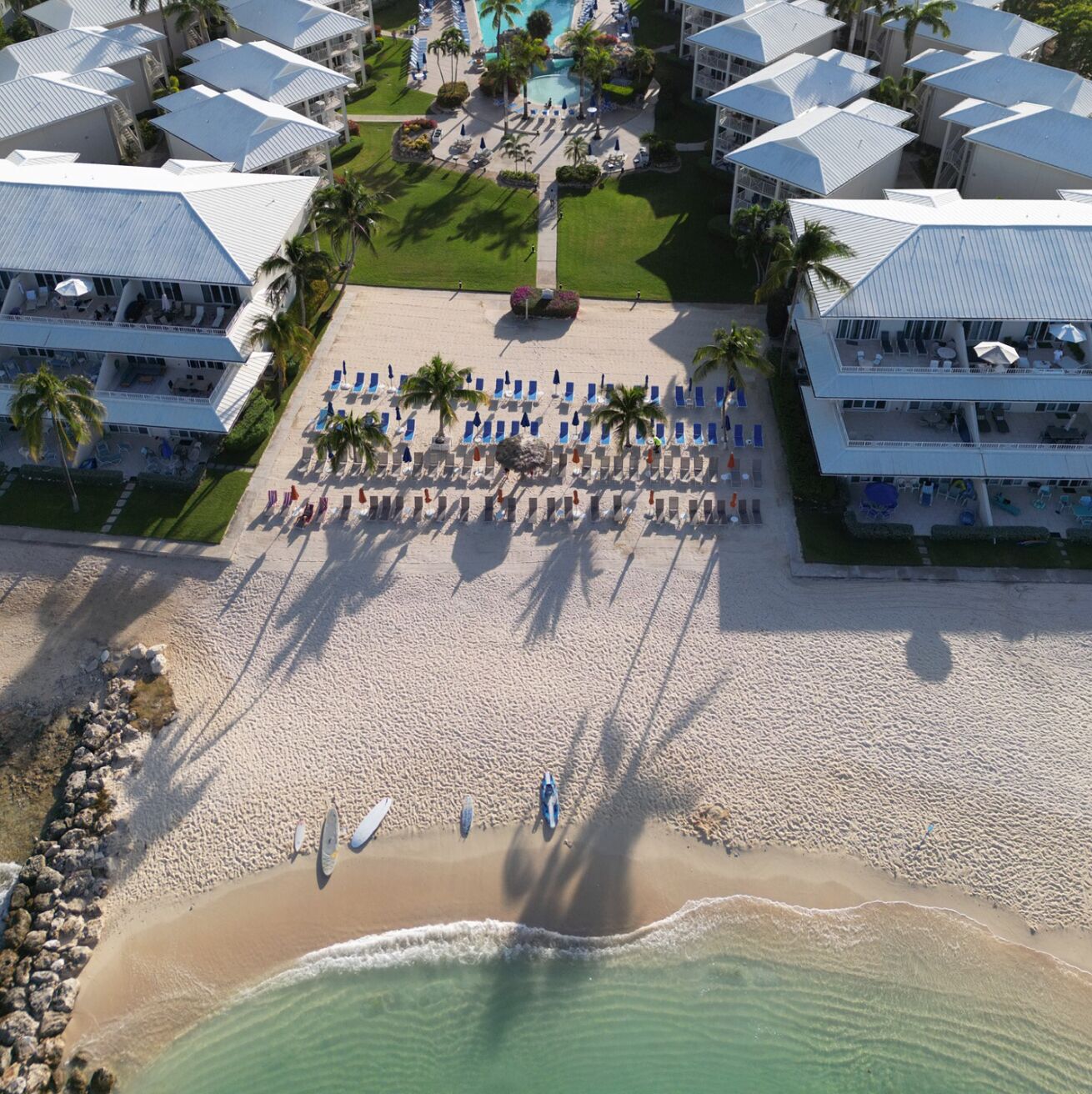 On the beach, sun loungers, beach towels