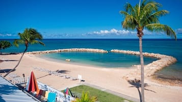 On the beach, sun-loungers, beach towels