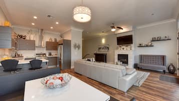 Smart TV, fireplace, DVD player, video library