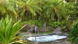 Un manantial de aguas termales rodeado de vegetación exuberante y rocas.