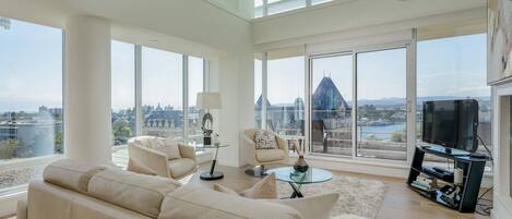 Televisión, chimenea, reproductor de DVD y biblioteca musical