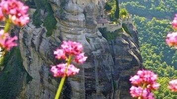 A castle perched atop a rocky cliff with a lush green valley below.
