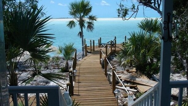 Una passerella di legno conduce a una spiaggia con palme e un cielo azzurro terso.