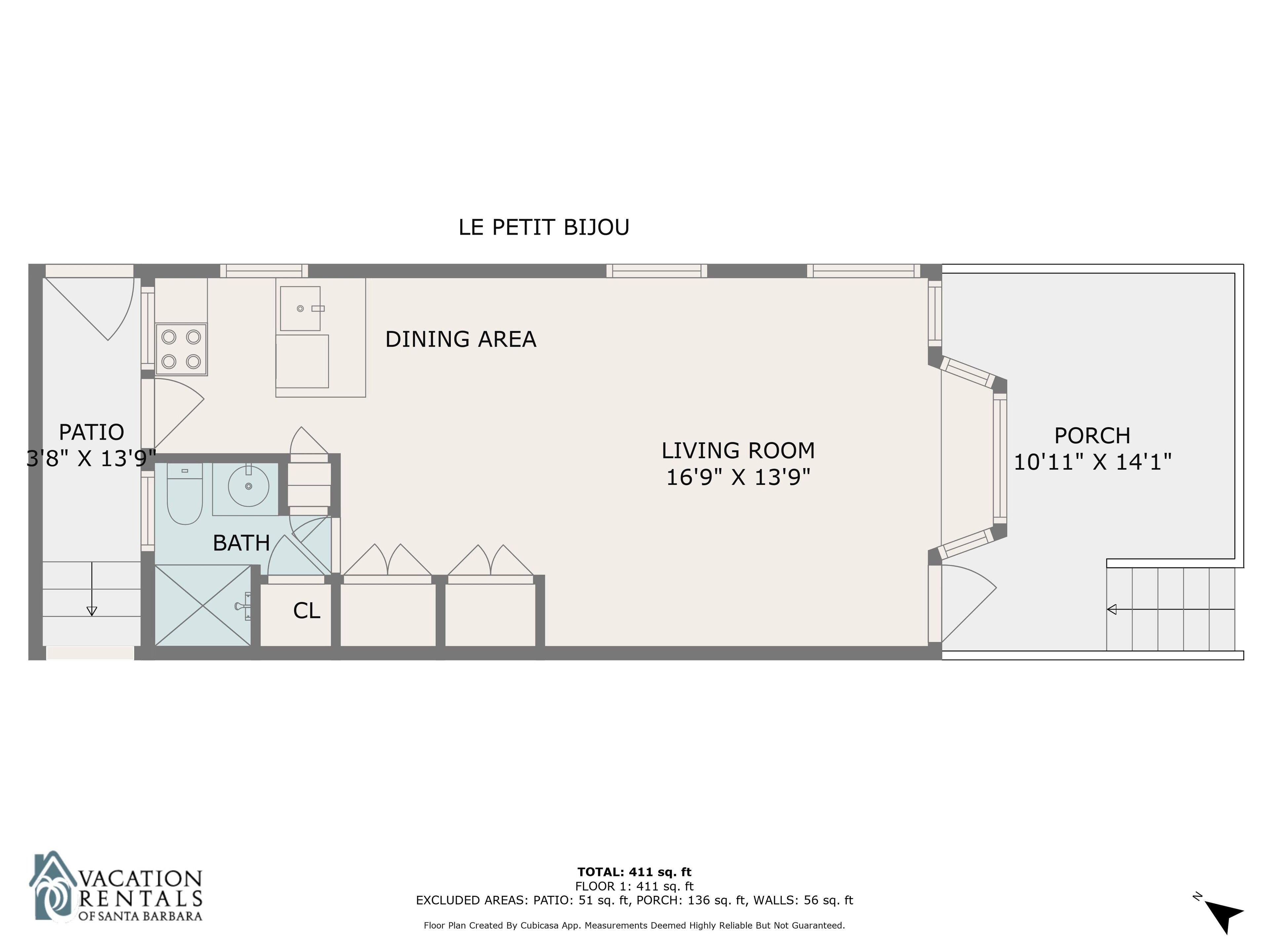 A floor plan of a vacation rental with a dining area, living room, patio, and bathroom.