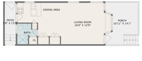 A floor plan of a vacation rental with a dining area, living room, patio, and bathroom.