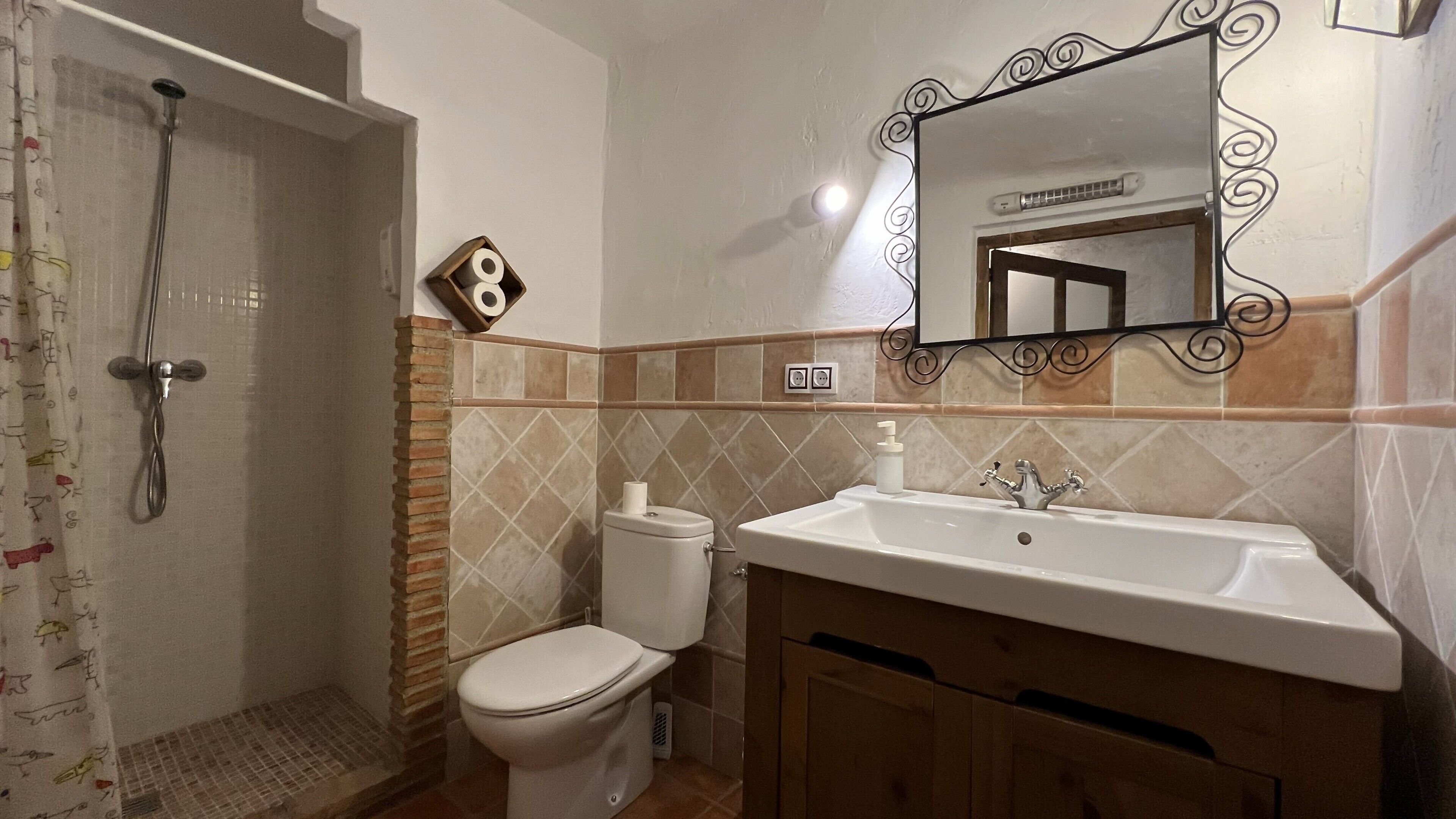 A bathroom with a shower, toilet, sink, and a mirror with a decorative frame.