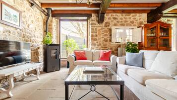 Televisie, een open haard en boeken