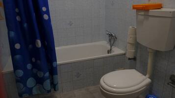 Ducha y bañera combinadas, bidé, toallas y jabón