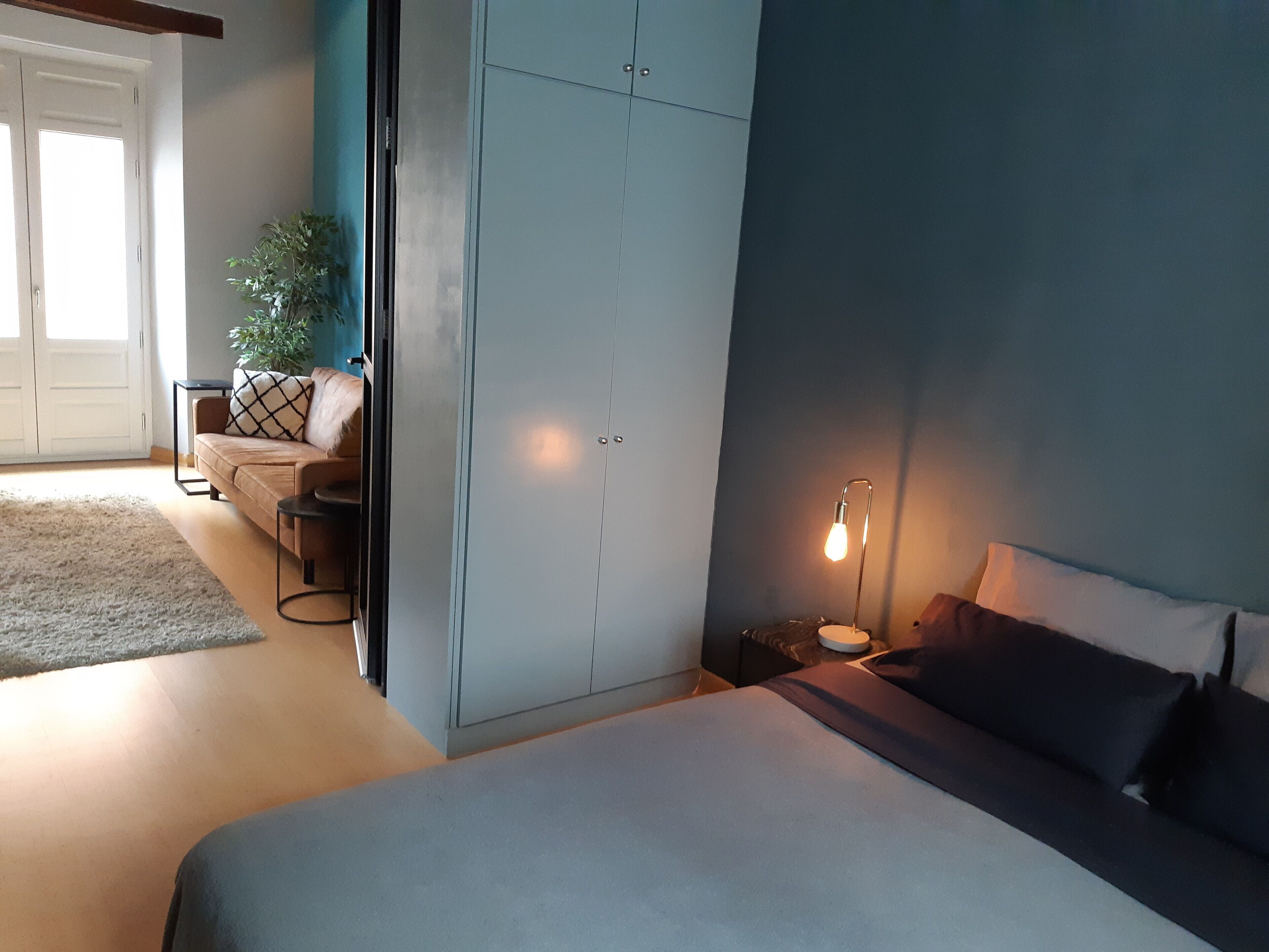 A bedroom with a bed, a nightstand, a lamp, a wardrobe, a plant, and a sofa.