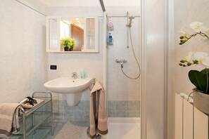 Douche, séchoir à cheveux, serviettes fournies, papier de toilette