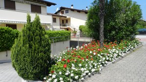Un quartier résidentiel doté d’un chemin piétonnier dallé, de haies soigneusement taillées et d’une variété de plantes à fleurs.