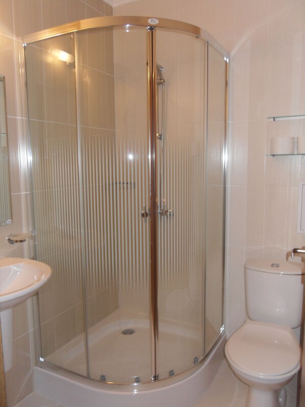 A corner shower with a glass door, a white sink, and a toilet.