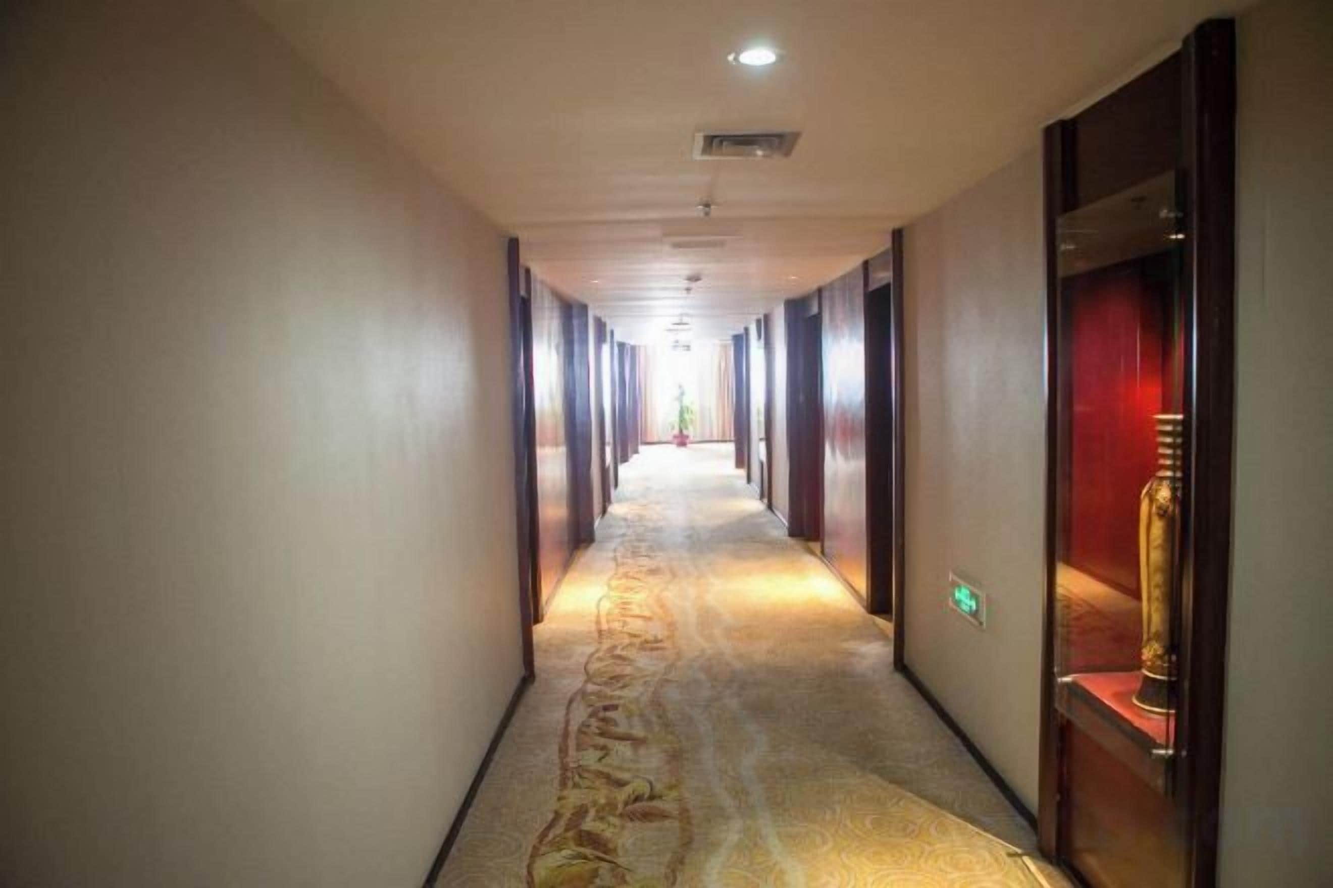 A hotel hallway with a carpeted floor, wooden doors, and a light fixture on the ceiling.