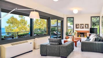 Älytelevisio, takka, DVD-soitin, pöytätennispöytä