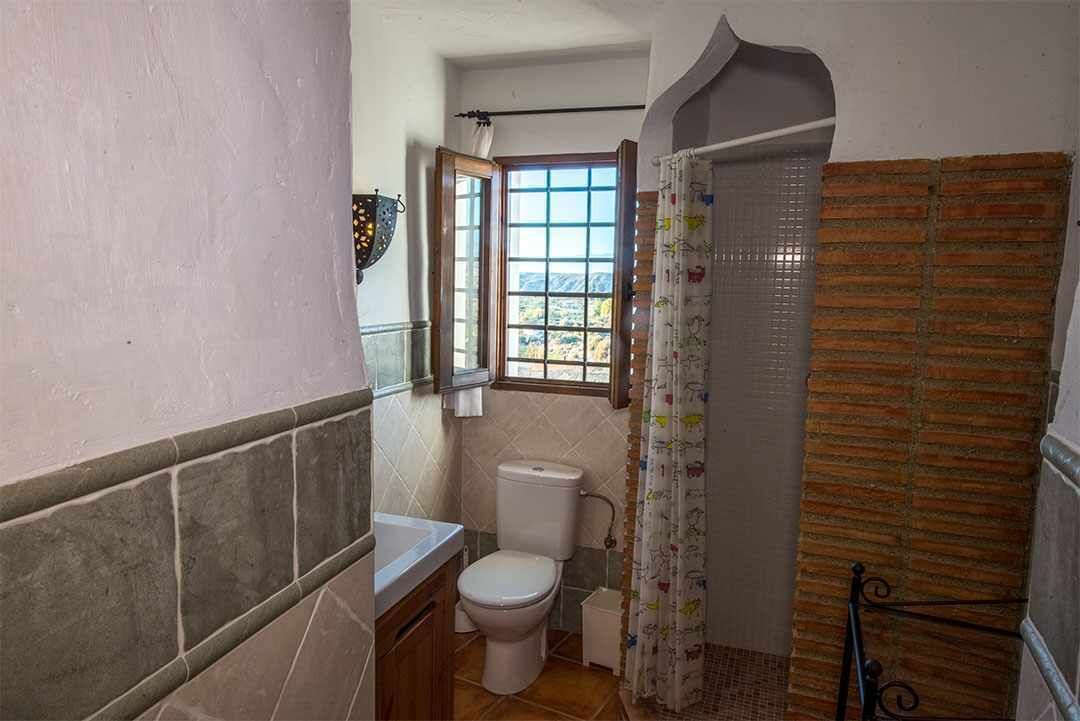 Een badkamer met toilet, wastafel en douche.