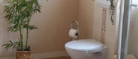 Sèche-cheveux, serviettes fournies, savon, papier toilette