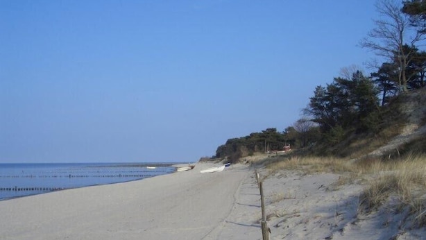 Ein Sandstrand mit blauem Himmel, einer Holzlattenveranda und spärlicher Vegetation.