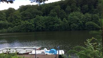 Un bote amarrado en una zona boscosa a orillas de un lago tranquilo.