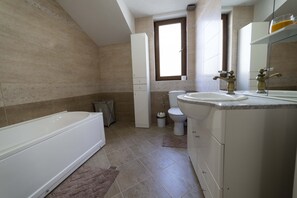 Combined shower/bathtub, hair dryer, towels, toilet paper