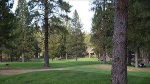 A golf course with a clubhouse, surrounded by tall pine trees.