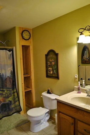A bathroom with a toilet, a wooden shelf, a clock, a mirror, and a sink. - Comfortable Mountain Home near Everything yet Private (Hendersonville)