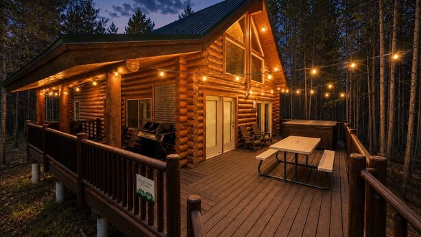 A log cabin with a deck, outdoor seating, and string lights.