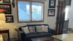 A living room with a dark-colored sofa, a wooden coffee table, a rug, and a window with blinds. There are skis and ski poles on the wall, and a framed picture above the sofa. -  Ski History Unit with 2 decks, sleeps 2- walk to Base area for concerts (Mt Crested Butte)