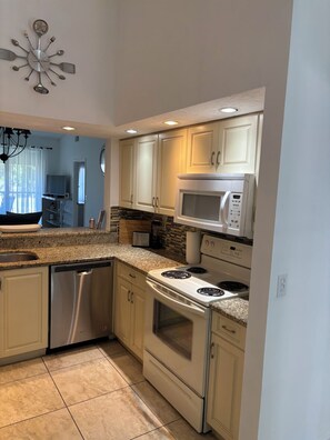 A modern kitchen with a built-in microwave, stove, and dishwasher.