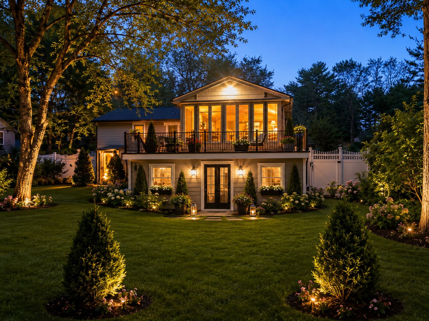 Een tweelaags huis met een balkon, omringd door een verzorgd gazon en bomen.