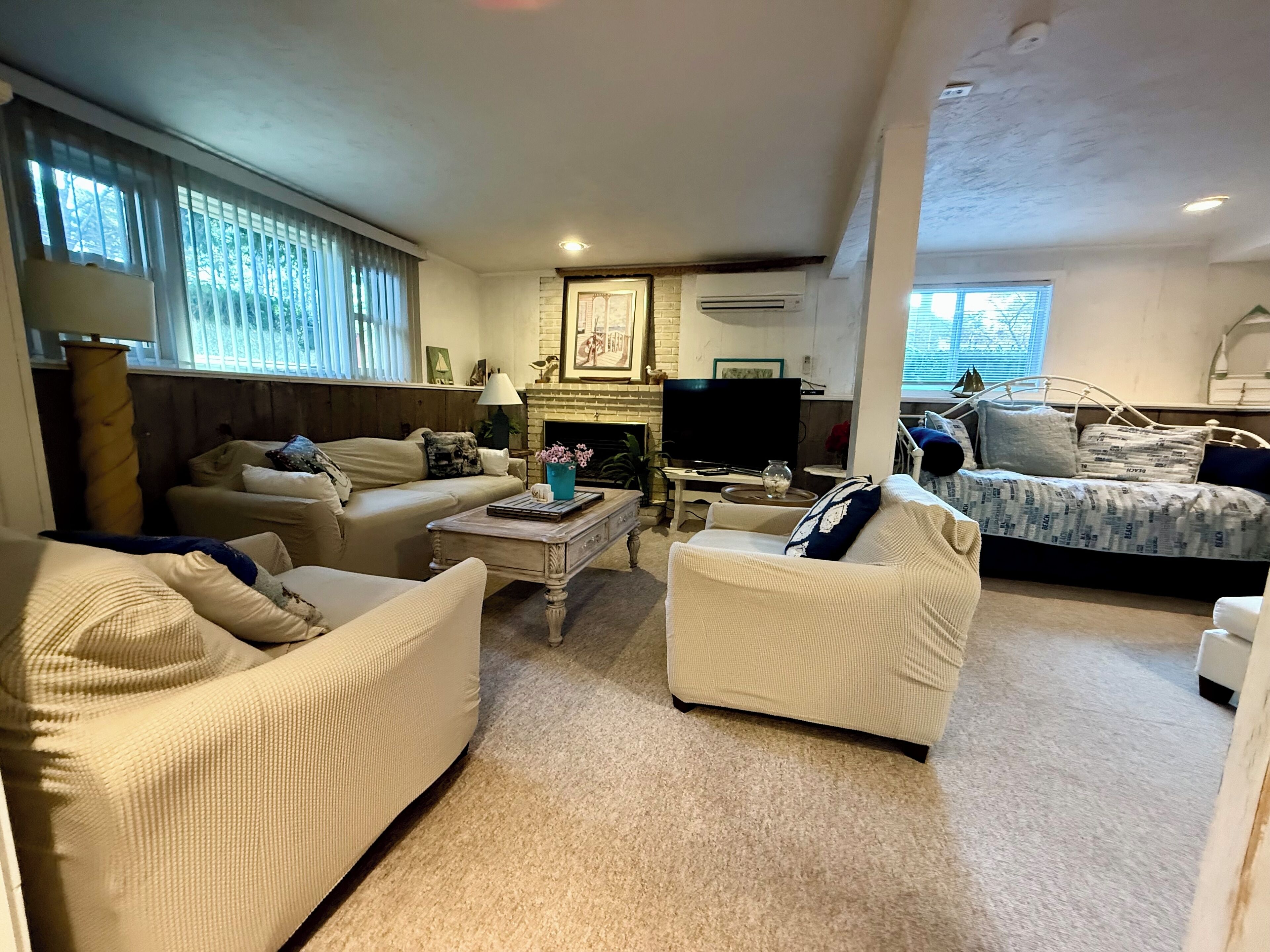 Flat-screen TV, fireplace, books