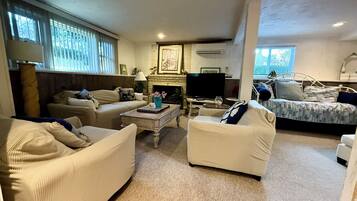 Flat-screen TV, fireplace, books