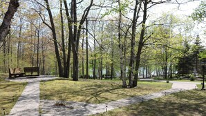 A park with a paved walkway, benches, and birch trees. - Private log cabin with view overlooking Grand Lake (Presque Isle)