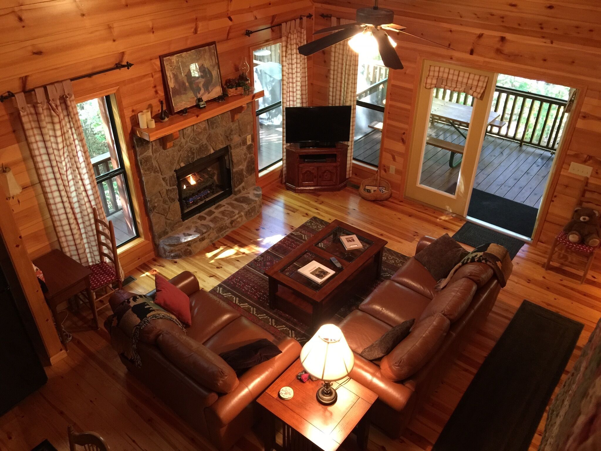 TV connectée, cheminée, lecteur de DVD, livres